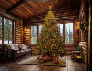 rustic christmas tree setup cabin wood paneling