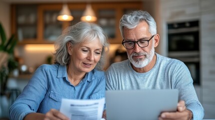 A senior couple engaging in a discussion while reviewing financial documents on a laptop, highlighting important decision-making in a cozy home environment.