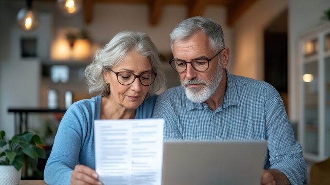 An older couple carefully reviewing paperwork together while using a laptop, symbolizing communication and shared responsibilities in a modern home setting.