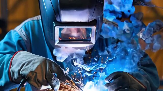 A person wearing a welding helmet is welding metal, creating sparks and bright light in a workshop environment.