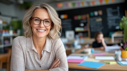 A smiling teacher standing confidently in a colorful and organized classroom, representing education, knowledge, and a positive learning environment for students.