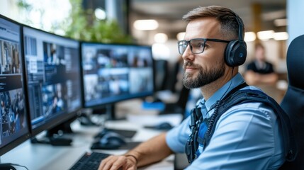 Fototapeta premium A focused security professional diligently monitoring multiple high-tech screens, ensuring safety and vigilance in a modern control room setup, representing precision and dedication.