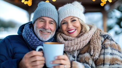 A smiling couple dressed in cozy winter clothing shares a warm drink outside in a beautifully lit setting, celebrating companionship and comfort during cold times.