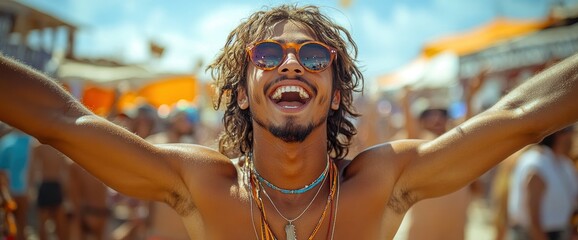 Happy Man with Sunglasses and Beads at a Music Festival