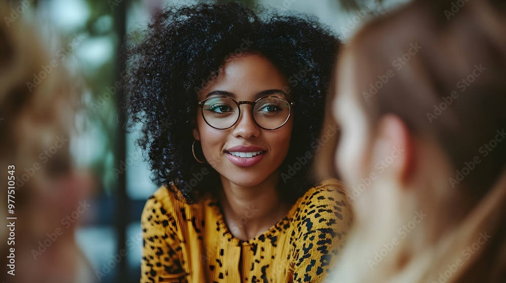 Wall mural A Close-Up Portrait of a Woman with Glasses Wearing a Leopard-Print Blouse