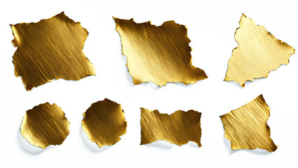 Naklejka premium Collection of Torn Golden Foil Fragments – Ideal for Luxury-Themed Designs, Art Projects, and High-Quality Transparent PNG Uses