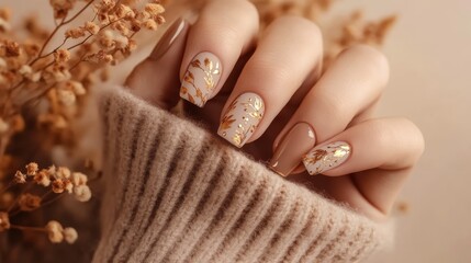 Matte Autumn Manicure with Gold Accents