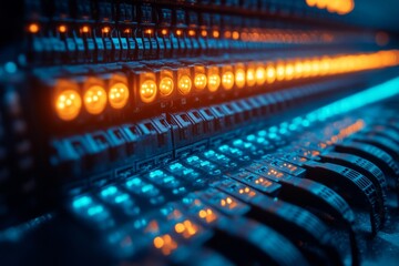 Network switch and ethernet cables in data center. Data center hardware. Network servers in data room. Fiber Optic cables connected to an optic ports in data center