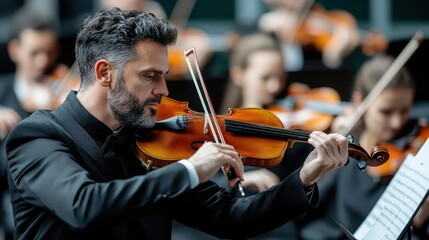 Violinist Playing Classical Music in Orchestra Concert