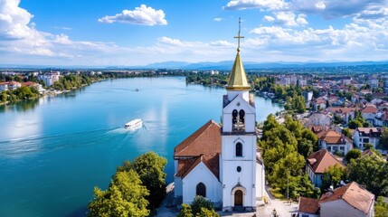 Fototapeta premium A picturesque riverside church with a golden spire overlooking a serene, wide river where a small boat sails by; framed by a clear, blue sky and historical architecture.