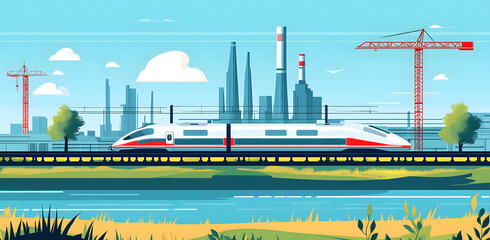 Industrial Construction Site with Crane and Train Crossing Over River in a Scenic Landscape