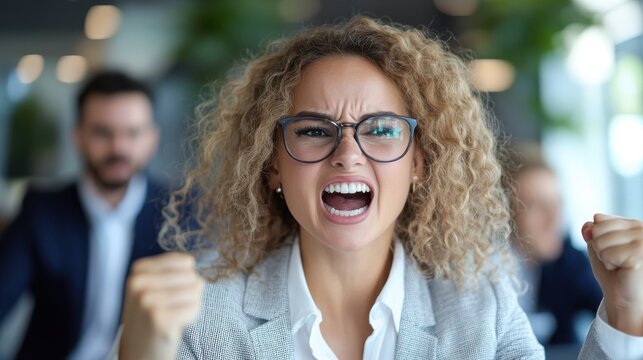 A curly-haired woman with glasses expresses frustration strongly in a work setting, with blurred colleagues in the background adding to the emotive scene.