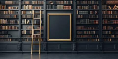 A classic library with dark wooden shelves filled with books and a blank frame on the wall, perfect for a literary ambiance.