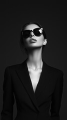 Black-and-white photograph of an elegant woman wearing sunglasses