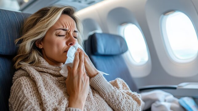 A person on an airplane wears a beige sweater and holds a tissue to their nose, indicating they are feeling unwell during their flight, seated by the window with natural light.
