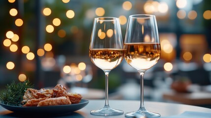 Naklejka premium Two glasses of white wine are placed on a table adorned with appetizers as the surrounding evening ambiance is decorated with soft bokeh lights in a cozy restaurant.