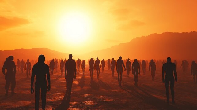 Silhouettes of people walking during dramatic sunset, shadowed figures against orange sky, group in twilight, unity concept