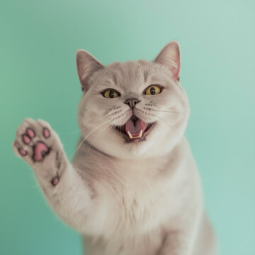 British Shorthair cat saying hello or give me five greetings. Pets and lifestyle concept.