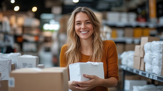 This image features a cheerful woman holding a package in a bustling warehouse or stock room, surrounded by various boxes and merchandise on shelves. - Powered by Adobe