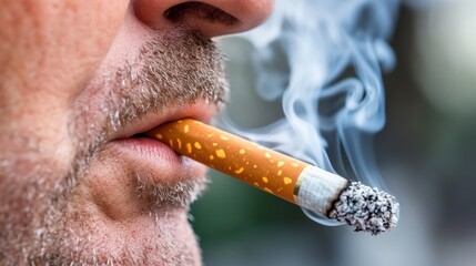 A close-up shot capturing a middle-aged man as he smokes a lit cigarette, with visible smoke and ash. His facial stubbled adds to the raw and gritty aesthetic.