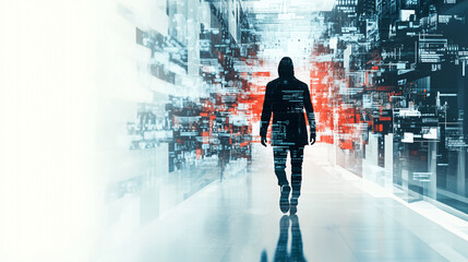 Fototapeta premium Hacker is walking through an abstract digital data flow