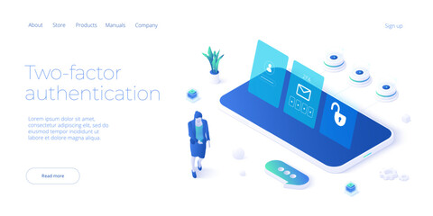 2 factor authentication isometric vector illustration. Digital service or app with laptop unclocked via sms and touch id scanning. Personal information and device security concept