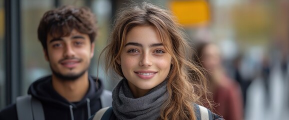 Young woman with a smile standing on a city street with a man in the background