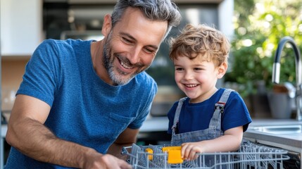 Father and son share a playful moment together while unloading the dishwasher. The image portrays joy and familial bonding within a domestic kitchen setting.