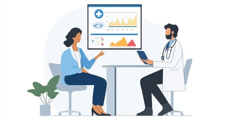 Fototapeta premium A doctor discussing health data with a patient in a modern clinic setting, highlighting collaboration in healthcare.