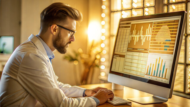 Businessman working at home office on computer analyzing stock market trends and data