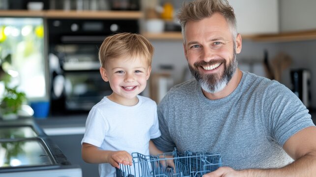 A father and son joyfully unloading a dishwasher in a bright kitchen, sharing a light moment of teamwork and love, reflecting a nurturing family atmosphere.