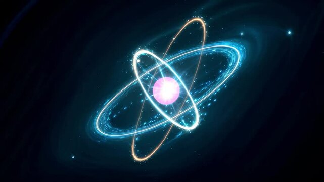 Looped Animated 3D Rendering of a Glowing Blue Atom with Orbiting Electrons in Cosmic Space