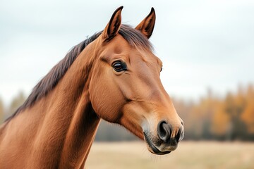 Fototapeta premium A beautiful chestnut horse stands majestically, showcasing its elegant features against a soft, blurred background of nature.