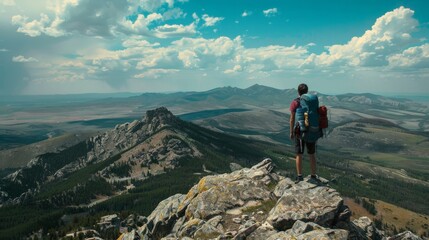 Fototapeta premium A hiker reaching a mountain peak overlooking a vast wilderness.