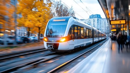 Naklejka premium A modern tram speeding through an urban cityscape during fall, with autumn foliage in the background and city buildings lining the railway tracks, capturing urban mobility.