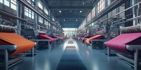 Obraz premium A modern fabric manufacturing facility showcasing vibrant rolls of textile on machines in a spacious, industrial environment.