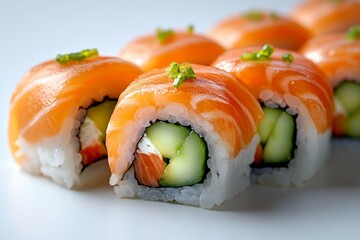 Salmon & cucumber sushi rolls*a plain white background,