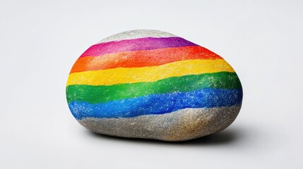 A close-up of the LGBTQ pride flag painted on a smooth rock, placed on a white background. Focus on the rock. No people.