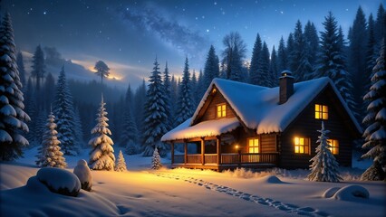 Fototapeta premium Cozy Winter Cabin in Snowy Forest at Night, Warm Light Glowing from Windows