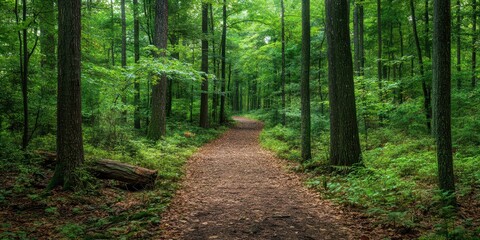 Obraz premium A peaceful forest path winding through lush greenery, perfect for nature walks, hiking, and outdoor exploration.