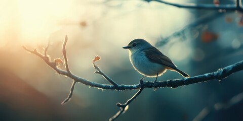 Obraz premium A serene bird perched delicately on a branch, illuminated by soft sunlight in a tranquil setting, perfect for nature themes.