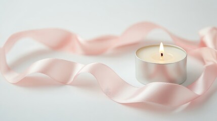 A pink ribbon laid beside a small candle on a white background, symbolizing hope and remembrance. Focus on the ribbon. No people.