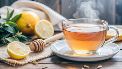 Cup of hot tea with lemon and honey on wooden table for cold relief - Powered by Adobe