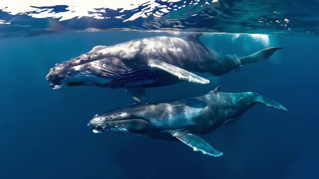 Two humpback whales swimming together underwater, showcasing their large size and distinct markings.