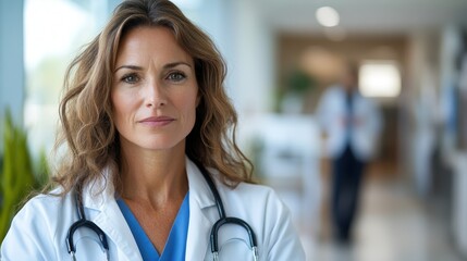 Fototapeta premium A confident female doctor with wavy hair and a stethoscope stands in a clinic environment, representing strength, competence, and empathy in medical practice.