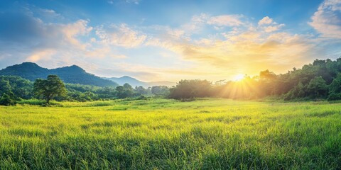 Obraz premium A serene landscape at sunrise, showcasing lush green fields and majestic mountains under a clear blue sky.