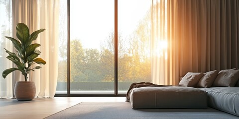 Fototapeta premium A serene living room with sunlight streaming through large windows, featuring a cozy sofa and a decorative plant.