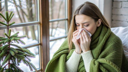 Sick woman with green blanket blowing her nose sitting by the window in winter season