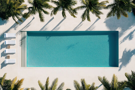 Aerial view of a rectangular swimming pool surrounded by palm trees and white deck chairs on a sunlit patio.