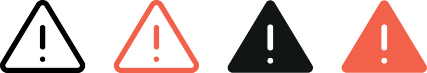 Attention sign icon set. Black, color, linear. Icons, symbols, signs. Exclamation danger sign. Attention sign icon set. Hazard warning attention sign. Silhouette on white background.